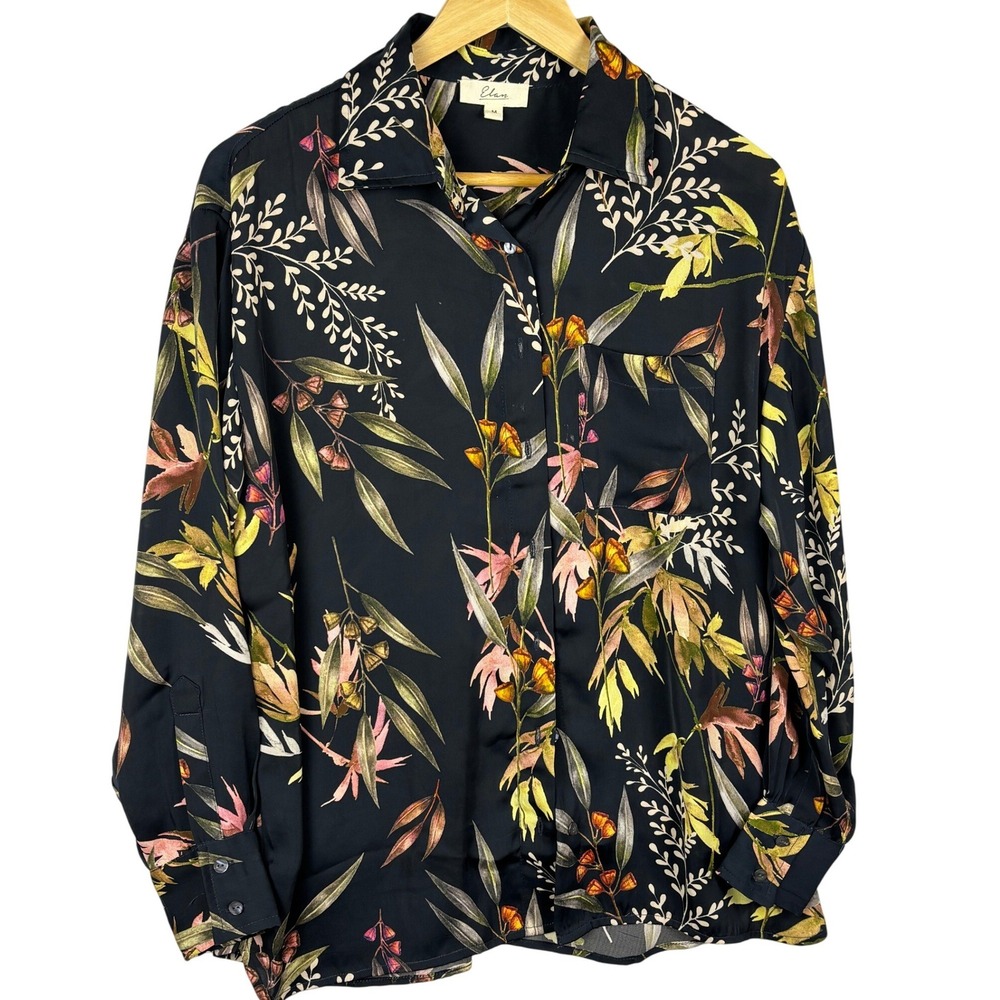Elan Women Long Sleeve Button Up Tunic Shirt‎ Sz M Black Floral Office Career